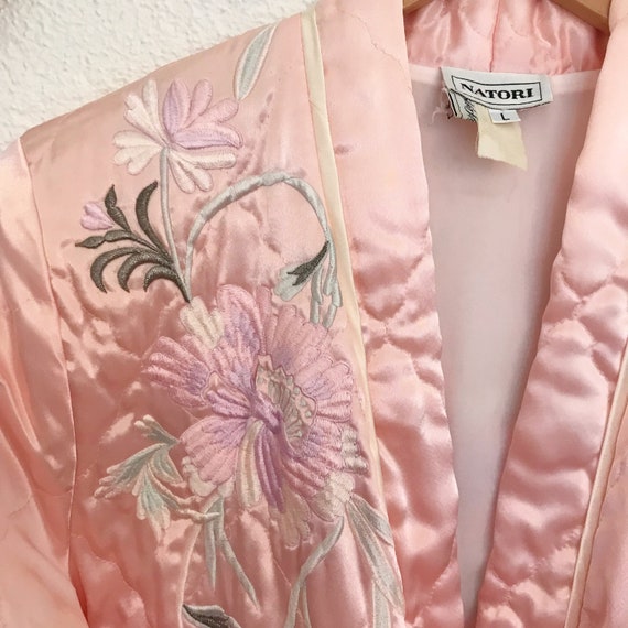 Vintage Embroidered Robe | 1980's Natori Pink Sat… - image 6