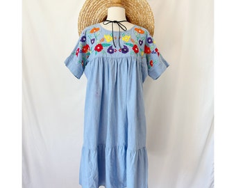 Vintage 1980's Embroidered Denim Chambray Dress