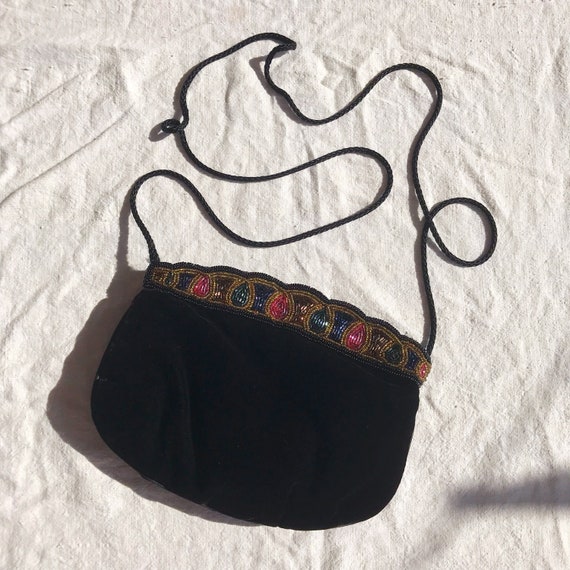 Velvet Beaded Bag | Vintage 1980's Black Velvet E… - image 1