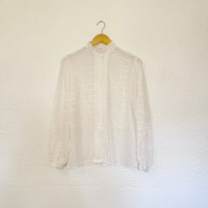 Vintage 1980&#39;s Satin Patterned White Blouse