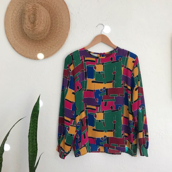 Vintage 1980's Colorful Abstract Geometric Blouse - image 1