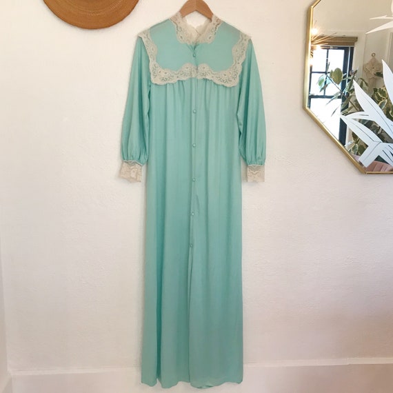 Vintage Lace Robe | 1980's Satin Mint Robe with L… - image 2