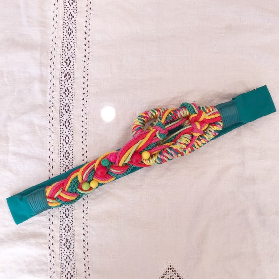 Vintage Carolyn Tanner Teal and Rainbow Woven Cord Beaded  display picture 2