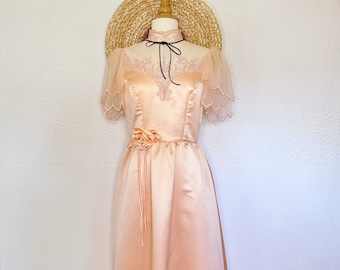 Vintage 1970's Prom Dress | Peach Lace Victorian Satin Dress