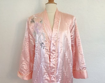 Vintage Embroidered Robe | 1980's Natori Pink Satin Flower Embroidery Robe