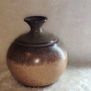 May include: A brown and green ceramic vase with a wide, rounded base and a narrow neck. The vase has a mottled glaze with shades of brown, green, and beige.