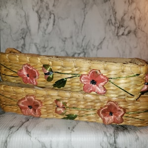 Vintage Set of Square Woven Straw  Baskets. Wicker Baskets with Pink Raffia Flowers.
