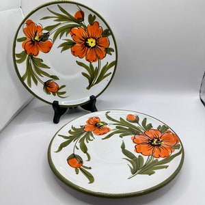 Set Of 2 MCM Italian Pottery Poppy Plate Set  Italy Hand Painted Orange