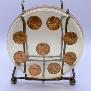 Vintage Lucite  1972 Floating Pennies Coaster/Napkin Holder