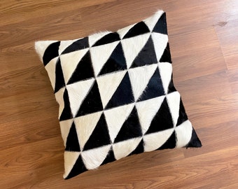 COWHIDE pillow cover Geometric triangle 18"x18" hair on hide leather handmade black and white patchwork. home decor sofa gift