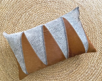 Funda de almohada lumbar ZIGZAG de piel de vaca auténtica, 30 x 50 cm, color marrón y gris
