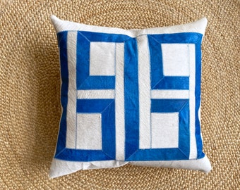 SUMMER IS HERE! cowhide pillow cover 20x20" white  blue hair on hide Greek key patchwork,  Free shipping in Us and Canada  gift him or her.