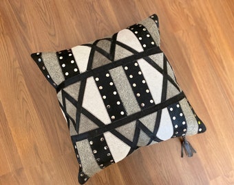 COWHIDE pillow cover UNIQUE metal stud design 18"x18" hide leather handmade white, grey and black patchwork. home decor sofa cushion gift