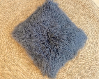 Funda de almohada de piel de oveja rizada auténtica de Mongolia del Tíbet, 18" x 18", color gris acero, ENVÍO GRATIS.