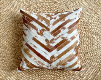 COWHIDE pillow cover Arrow design 18"x18" hair on hide leather handmade brown and white speckled patchwork. home decor sofa cushion gift