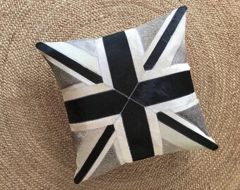 Funda de cojín de piel de vaca con la bandera británica - Cojín de piel auténtica en negro y gris - Cojín decorativo con diseño de retazos de la bandera británica - Decoración moderna de lujo para el hogar