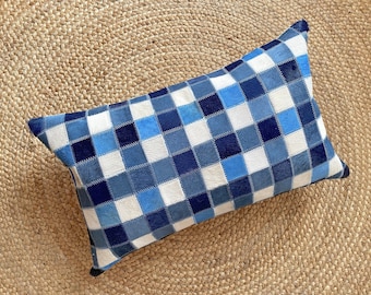 COWHIDE lumbar pillow cover 12"x20", Gingham pattern blue tones color genuine hair on hide patchwork . Gift for him or her. Free shipping