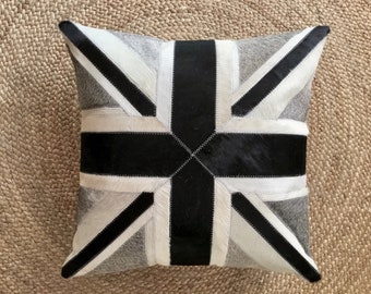 FAB!  Union Jack XL genuine cowhide pillow cover 20"x20" patchwork in white,black and grey, England, UK, Royal, Britain flag sofa cushion