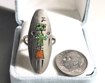Navajo Yei Figure on Large Signed Hand Made Sterling Ring with Inlaid Coral & Turquoise, c1960s