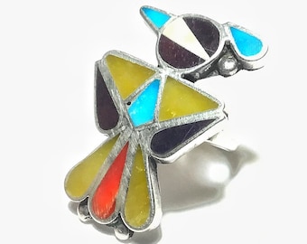 Zuni Native American Sterling Silver & Gemstone Inlay Large Thunderbird Pinkie Ring