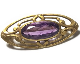 Hans Brassler 14k Yellow Gold Amethyst Antique Art Nouveau Brooch