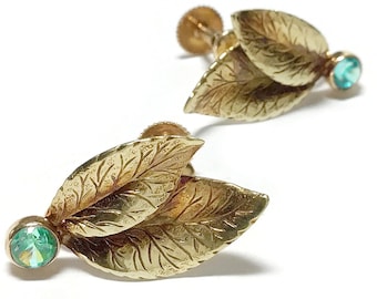 Victorian Revival Blue Aquamarine & 14k Leaves Screw Back Earrings, 1930s