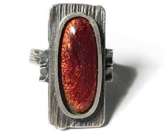 Vintage 1960s Sterling Silver Modernist Ring with Orange Foiled Glass Stone