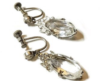 Antique Art Deco Rock Crystal Drop Screw Back Earrings, Czechoslovakia