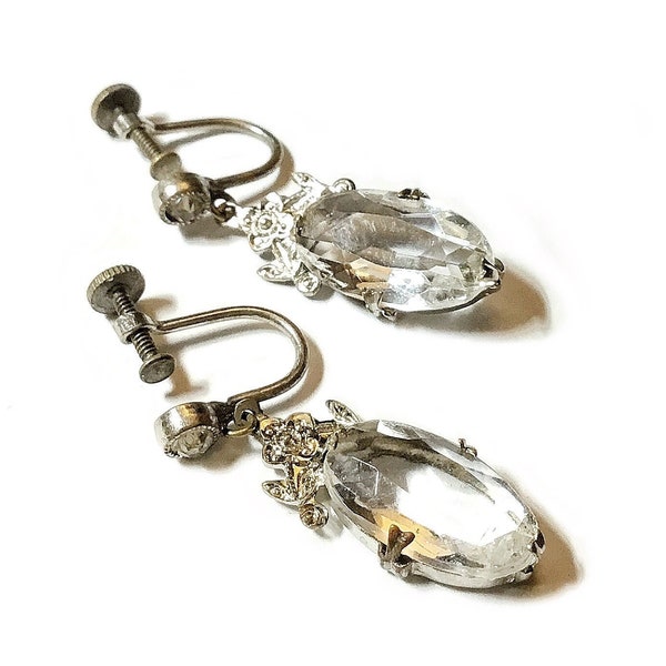 Antique Art Deco Rock Crystal Drop Screw Back Earrings, Czechoslovakia