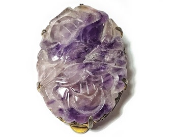 Circa 1930 Art Deco Amethyst Carved Lotus Blossoms Dress Clip