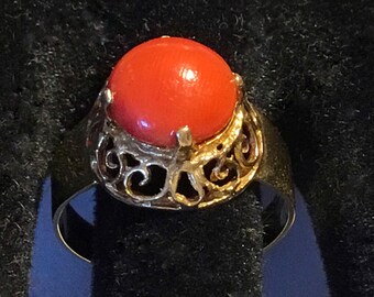 1970s Victorian Revival 18k Filigree Ring with Orange Cabochon Coral