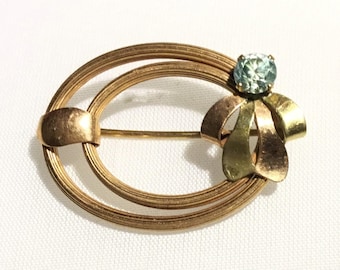 Retro 14k Yellow & Rose Gold and Blue Zircon Bow Brooch, 1940s