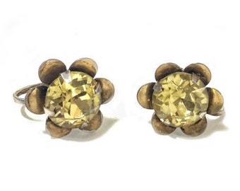 Retro 1940s Sterling Silver & Large Faceted Citrines Flower Earrings