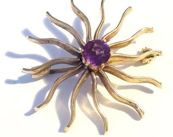 Victorian 14k & Purple Amethyst Sunburst Brooch, Yellow Gold