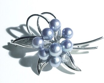 Sterling & Grey-Blue Cultured Pearls Bouquet Brooch, c1960