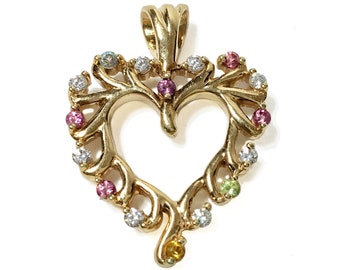 14k Open Heart Pendant with Morganite, Rock Crystal, Aquamarine, Heliodor & Peridot