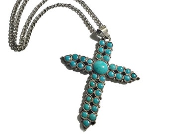Mexican Signed MS Sterling Cross/ Crucifix Pendant with Chain Necklace, c1960s
