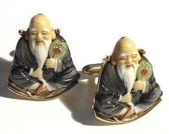 1960s Arita, Japan Toshikane Cufflinks Featuring Jurōjin, god of Longevity, Wisdom & Good Fortune