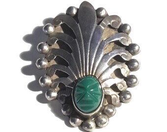 Signed Mexican Sterling & Carved Onyx Face Brooch - Aztec Headdress, c1960s