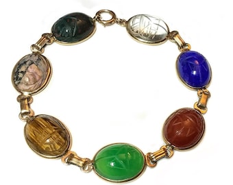 1950s Vintage 10K Yellow Gold Carved Gemstone Scarabs Bracelet