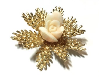 Heavy 14k Yellow Gold Carved Angel Skin Coral Cactus Rose Brooch