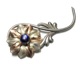 Signed Jacques Kreisler 1940s Retro Sterling Silver & Vermeil Flower Brooch