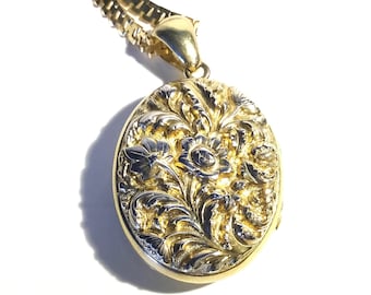 Antique c1860s Vermeil Sterling Repousse Photo Locket with Book Chain