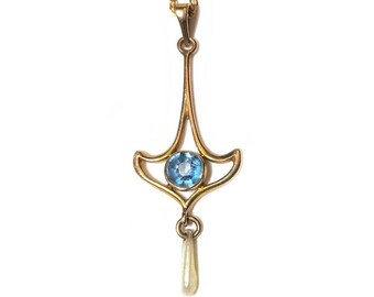 Antique 10K Gold Art Nouveau Aquamarine & Pearl Lavaliere Necklace
