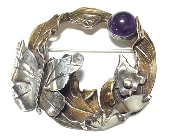 Signed Gardella Sterling, Bronze & Amethyst Artisan Butterfly Brooch, 1980s
