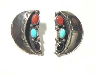 Large Sterling & Coral, Turquoise and Onyx Stud Earrings with Southwestern Shop Trademark