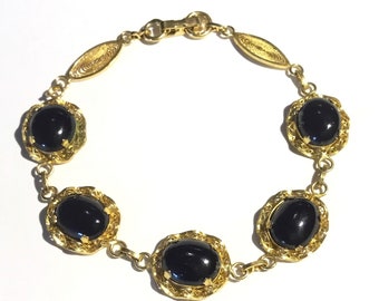 Signed Gold Filled Filigree & Black Onyx Cabochons Bracelet, c1960