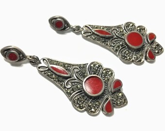 Art Deco Style Sterling, Marcasite & Red Enamel Drop Earrings