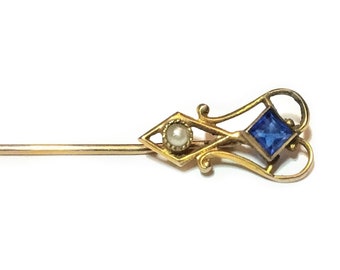 Antique Edwardian 10K Yellow Gold, Blue Spinel & Seed Pearl Stick Pin