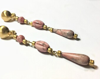 4” Long Carved Rhodonite Gemstone Sweeper Clip Earrings